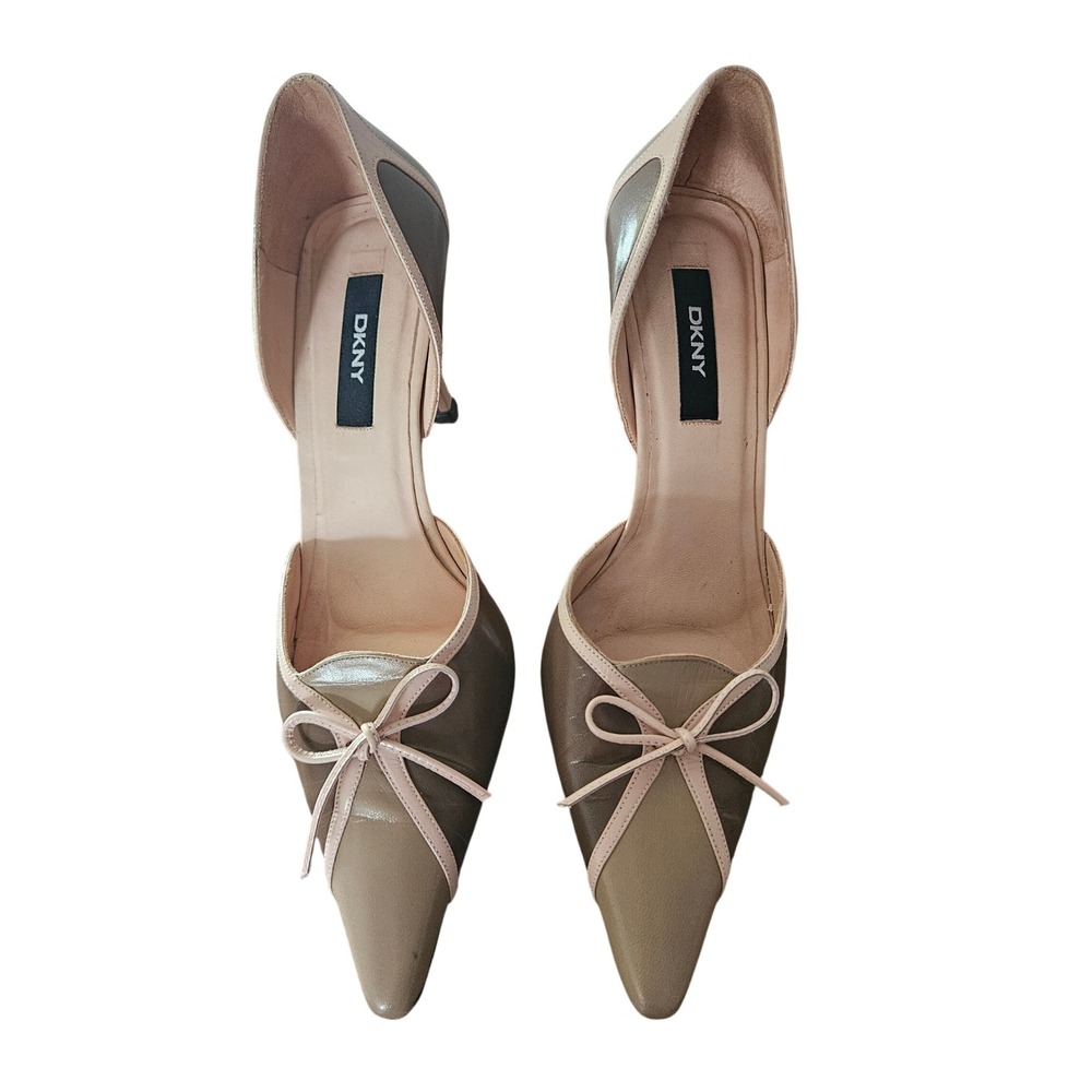 DKNY Womens Size 8 Leather D'Orsay Pumps Pointed Toe Bow Taupe Olive Pink Spain